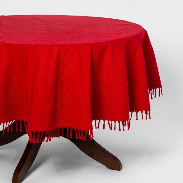 Threshold Textured Striped Red Table Cloth - Seats 6-4 (70" dia.) (Category: Table Linen & Textiles) located in Cagayan de Oro. Submitted by goodiemarketph (Listing ID 1072358799, Image 2). Description: ☑️ Textile construction: Ribbed ☑️ Decorate your dining table with this table cloth! ☑️ This round tablecloth features ribbed stripes that add a touch of texture to your dining display, while a fringe trim brings another element of tactile flair ☑