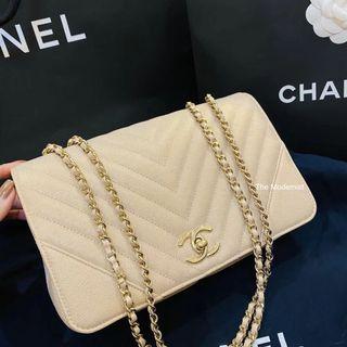 Authentic Chanel Beige Caviar Leather Chevron Statement Flap 24CM