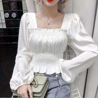 [T04] Satin Silk Long Sleeves Basic Scrunched Smocked Top