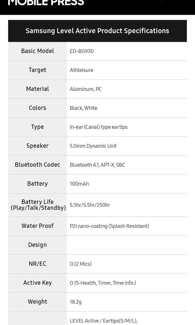 Samsung level active hotsell specs