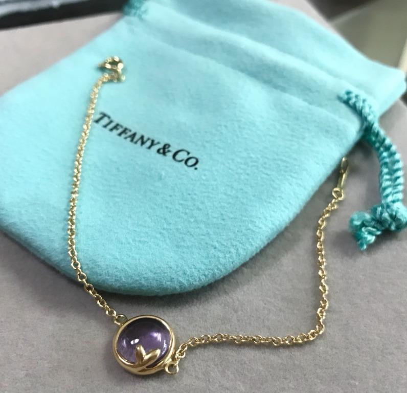 Authentic Tiffany 18K Yellow Gold with Amethyst Medium Olive Leaf Bracelet