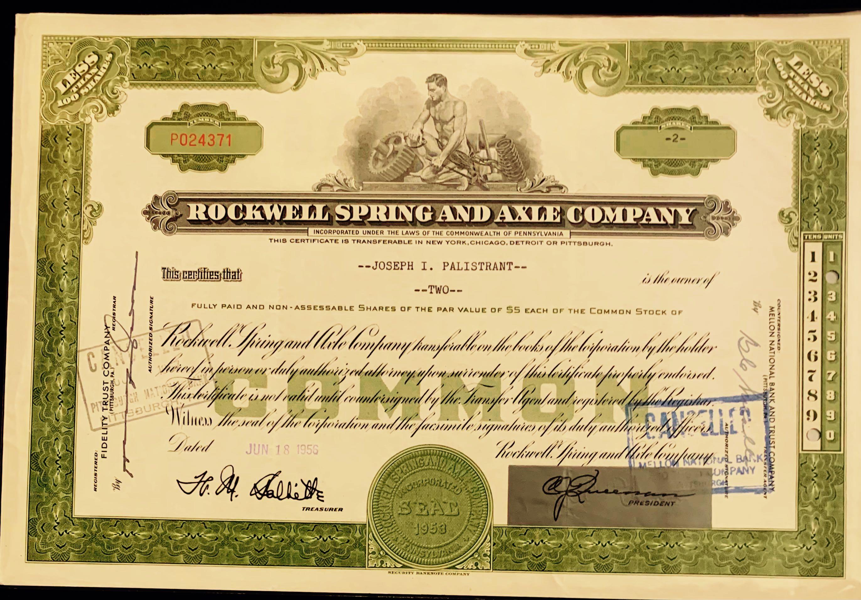 Rockwell Manufacturing Company Stock Certificate 