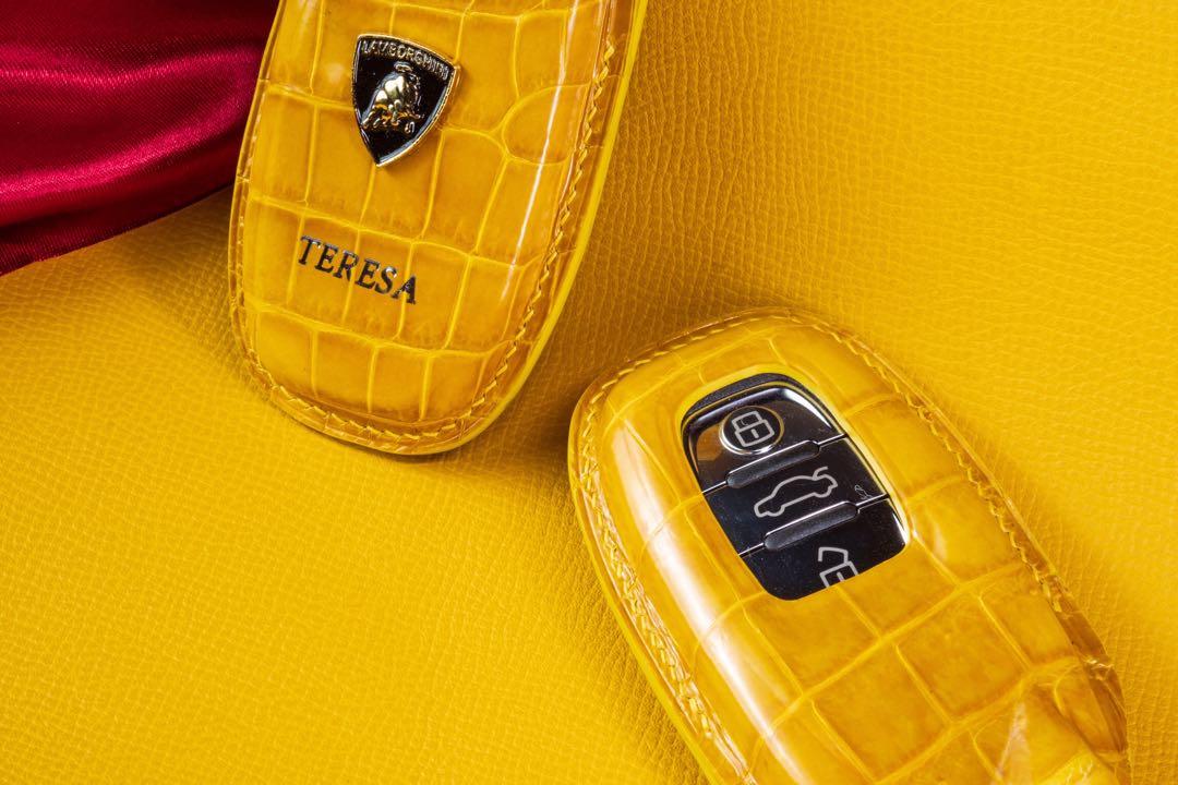 Custom Made Lamborghini Car Key Fob In Black & Yellow Crocodile