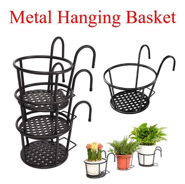 Over The Rail Metal Fence Planters Assemble Great for Patio Balcony Porch or Fence,Brown SHKY Pack of 3 Iron Art Hanging Baskets Flower Pot Holder
