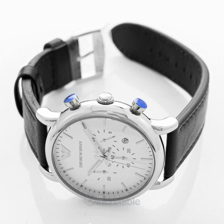 NEW Emporio Armani Chronograph Quartz White Dial Black Leather