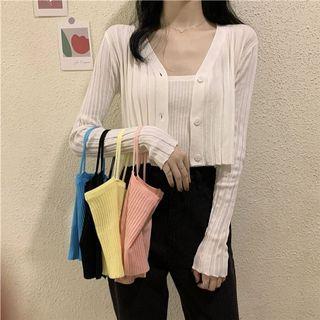 [O02] 2 Piece Set: Basic Long Sleeves Cardigan Outerwear + Basic Straight Neck Camisole Top