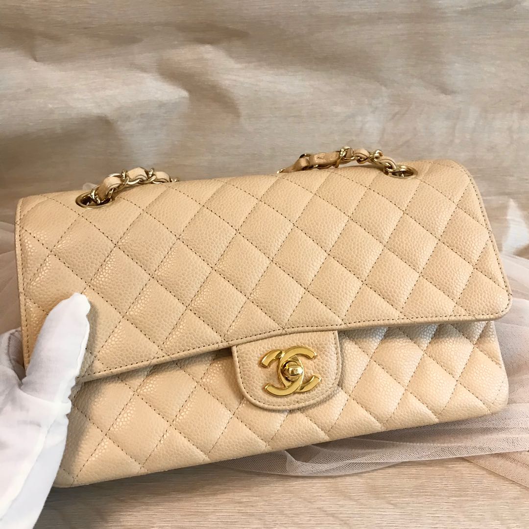 🍞 CAVIAR CHANEL CLASSIC FLAP BAG BEIGE CLAIR MEDIUM CF GOLD