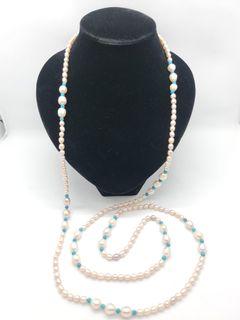 SALE - GENUINE BAROQUE FRESH WATER PEARL AND BLUE BEADS OPERA LENGTH LONG STRAND NECKLACE