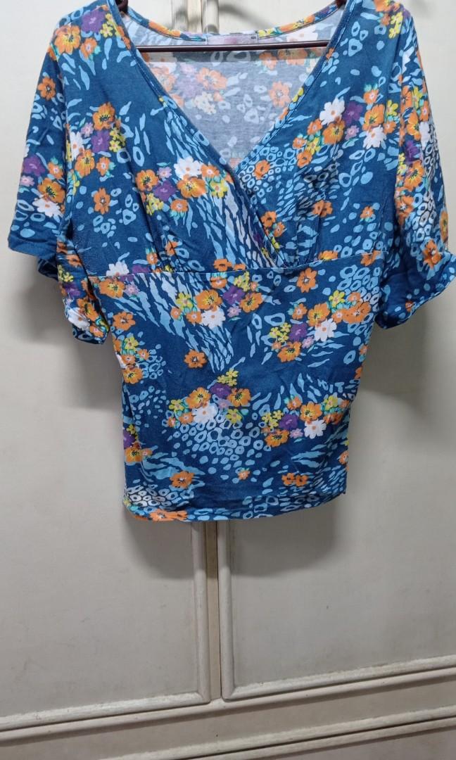 Mse Blue Surplice Neckline Shirt Sleeved Blouse With Floral Pattern Women S Fashion Tops Blouses On Carousell