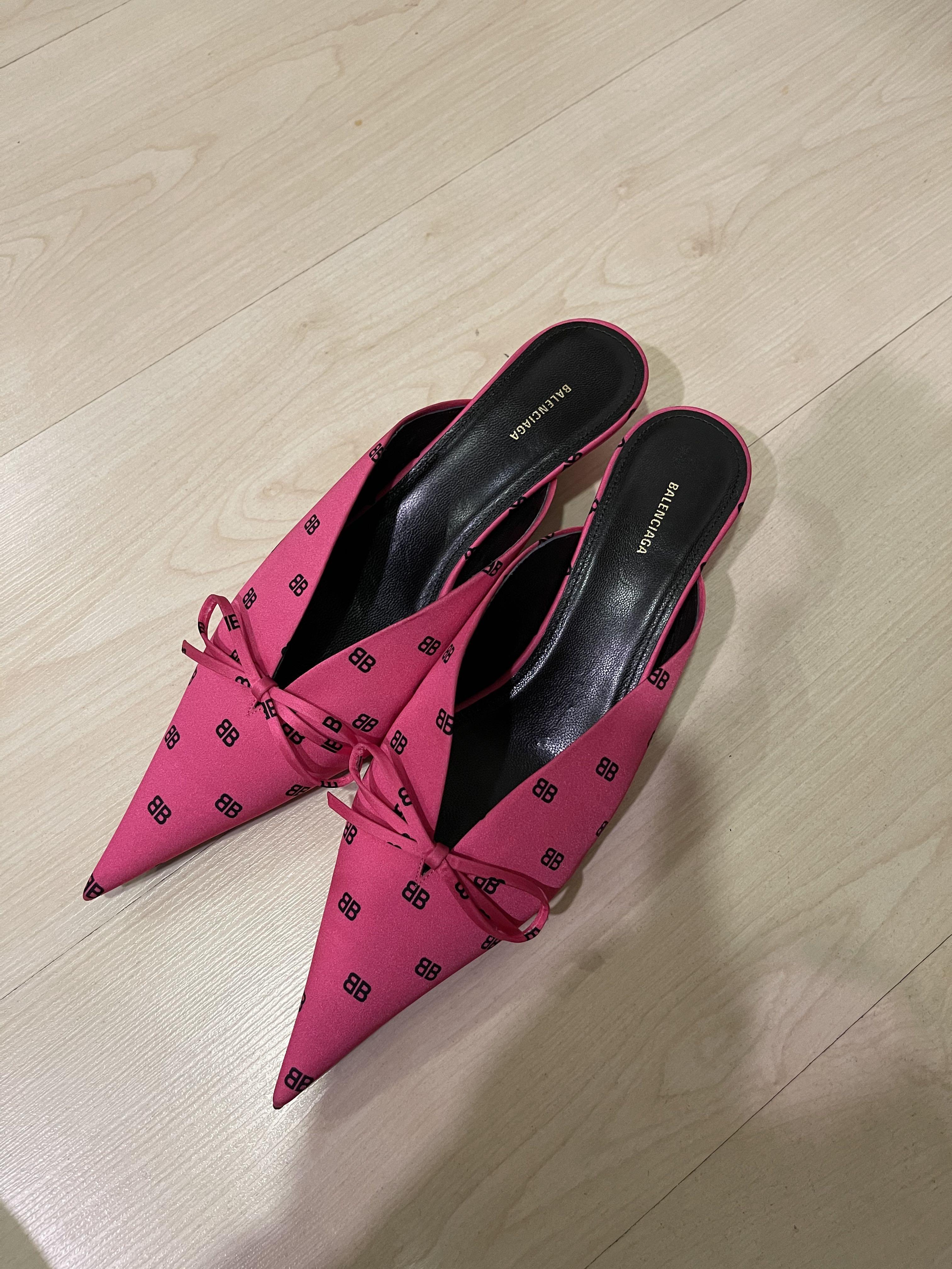 Balenciaga Fuschia Pink Satin Bow Pointed Toe Kitten Heel Mules Size 365  Balenciaga  TLC
