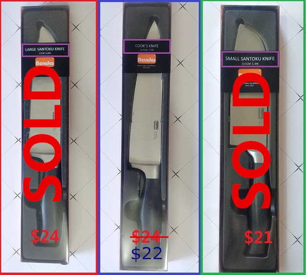 Berndes Knives 17cm Large Santoku, 19.5cm Cook's Knife, 13.5cm Small