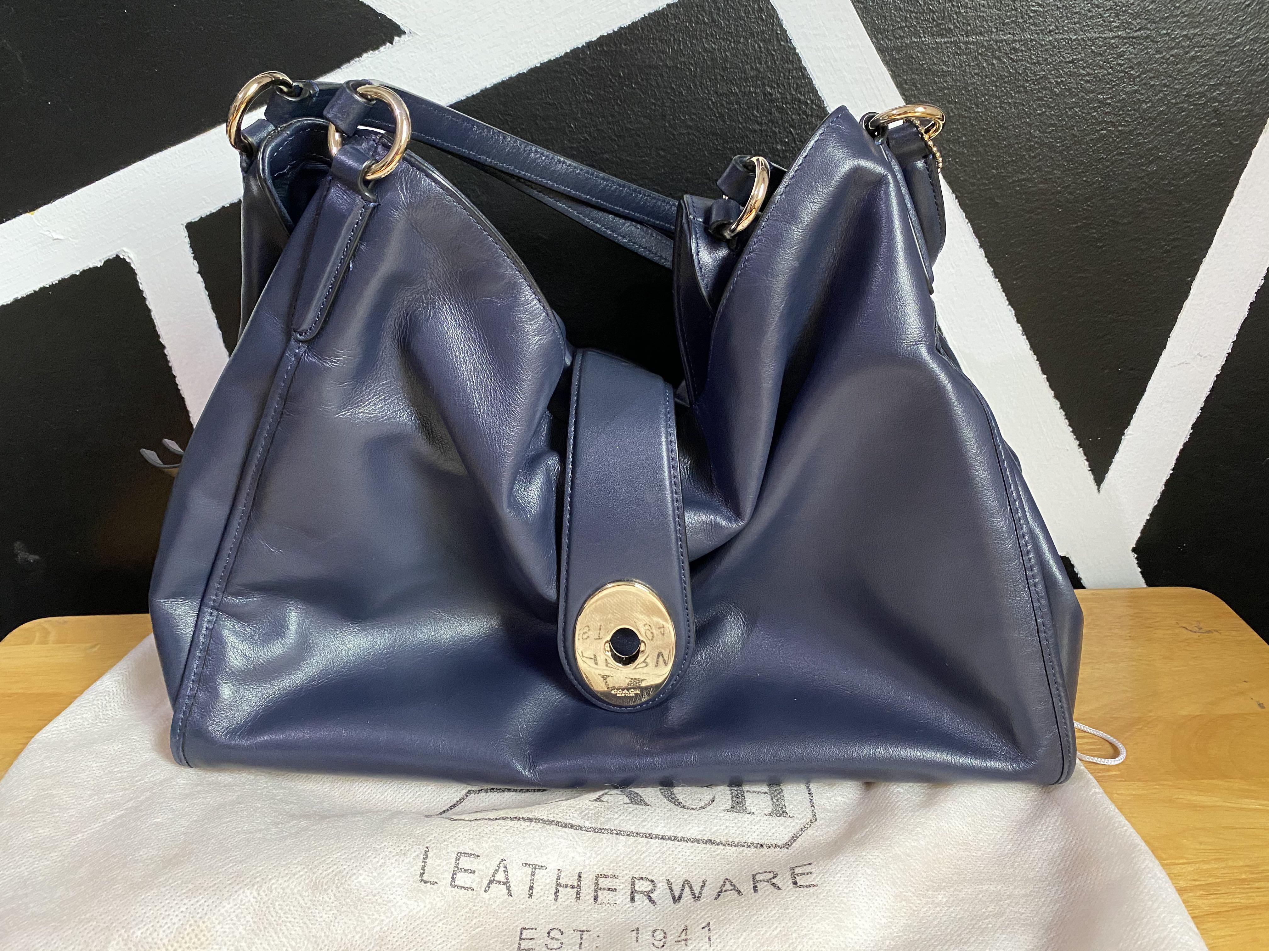 navy blue leather coach purse