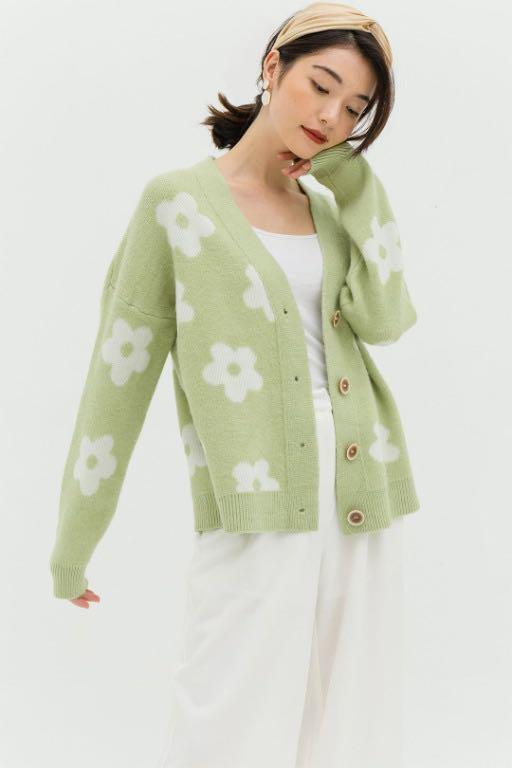 Green floral cardigan clearance