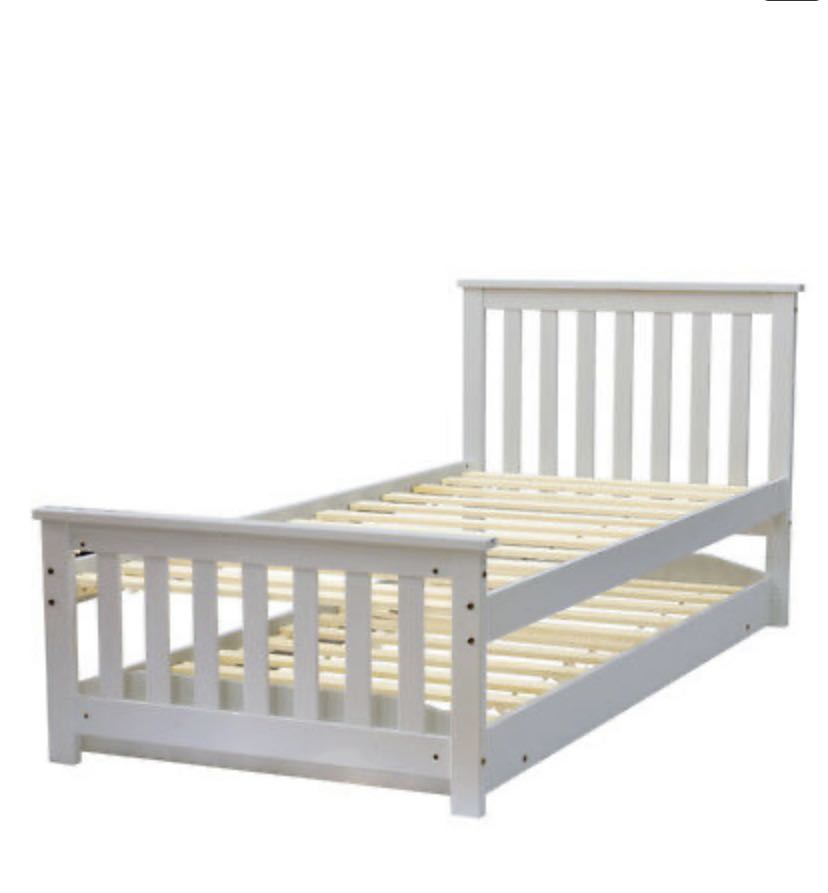 White Wooden Single Bed Frame with Trundle and FREE mattress x2