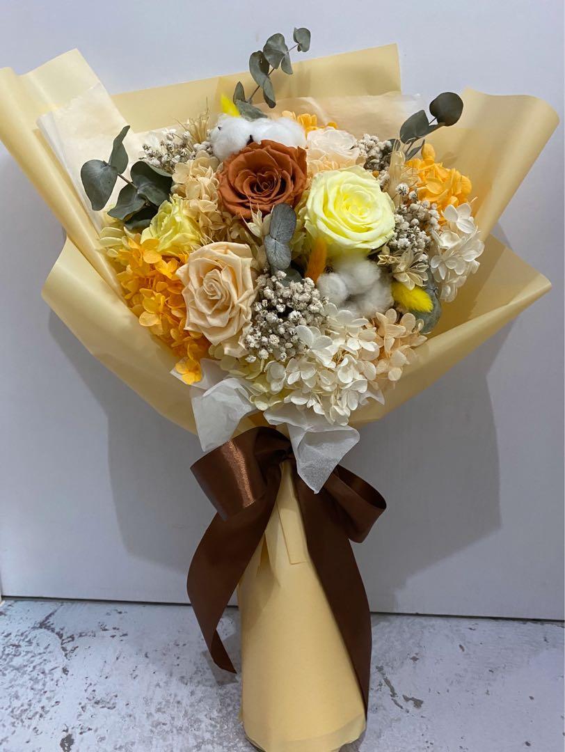 現貨 玫瑰花 滿天星 繡球花 保鮮花 永生花 花束 黃橙tone 情人 生日 感謝 畢業 母親節 花束
