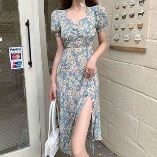 [D06] Floral High Slit Sweetheart Midi Dress