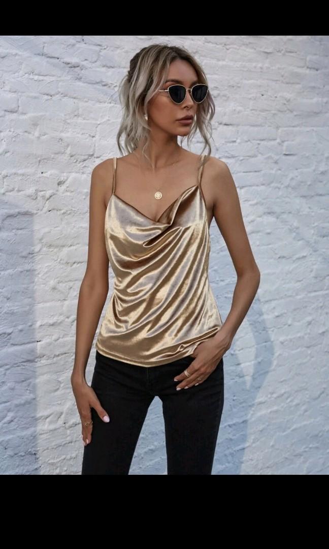 Gold Champagne Velvet Cowl Neck Blouse Spaghetti Straps