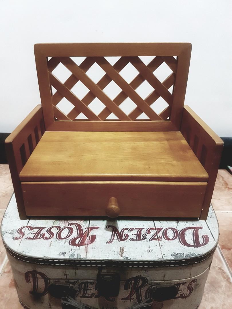 MINI WOODEN SOFA CHAIR WITH DRAWER (Category: Chairs) located in Binan City. Submitted by florence.venice (Listing ID 1075143251, Image 2). Description: Dimensions: 9H x 5W x 11L Please take note that this is a "miniature" product by that I mean it is significantly small intended only as display or for dolls..