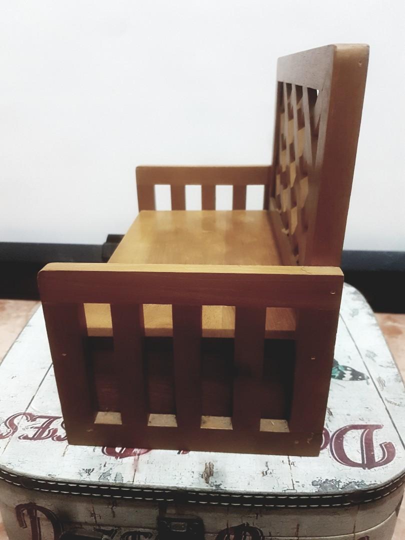 MINI WOODEN SOFA CHAIR WITH DRAWER (Category: Chairs) located in Binan City. Submitted by florence.venice (Listing ID 1075143251, Image 3). Description: Dimensions: 9H x 5W x 11L Please take note that this is a "miniature" product by that I mean it is significantly small intended only as display or for dolls..