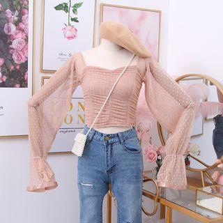 [T06] Textured Mesh Long Sleeves Sweetheart Smocked Scrunched Top