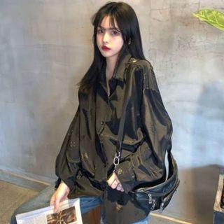[T07] Satin Silk Floral Embossed Oversized Long Sleeves Shirt