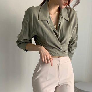 [T08] Ribbon Tie Long Sleeves Basic Top