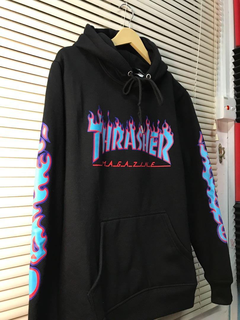Pink thrasher hoodie with blue sale flames