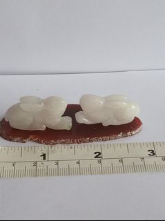 A pair of 30mm jadeite A-grade rabbit small ornaments with agate base, can also be used as pendants. no.15.3.2164223364579713110