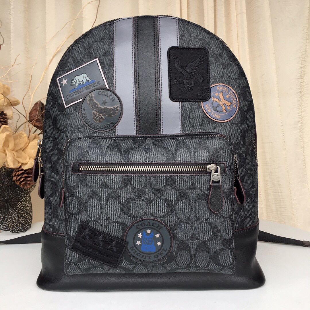 COACH WEST BACKPACK IN SIGNATURE CANVAS WITH VARSITY STRIPE AND