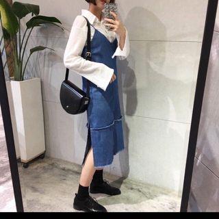 -Dan小舖- 細肩帶牛仔吊帶裙 連身裙 長裙