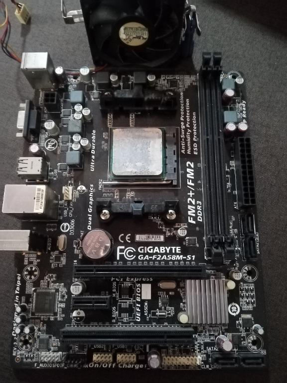 Gigabyte GA-F2A58M-S1 + AMD A4-6300 Bundle (Category: Computer Parts) located in Las Pinas. Submitted by mikko.gomez (Listing ID 1075315587, Image 1). Description: For sale Mobo + Processor Bundle Gigabyte GA-F2A58M-DS2 Motherboard AMD A4-6300 Processor 100% Working Excellent Condition Di laspag NO ISSUES! Bukod sa walang backplate Test all you want. Price: 2k fix rush! Las Piñas Area Pwede Pickup, Meetup, Lalamove .