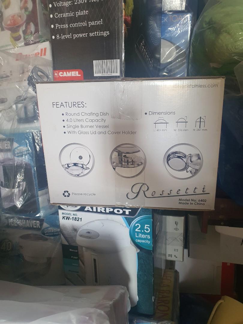 Rossetti 4.0L round chafing dish (Category: Other Kitchen Appliances) located in Manila. Submitted by isellmythings444 (Listing ID 1075299444, Image 1). Description: never used. for online selling/business sana kaso pandemic natambak lang. pangbawi lang po sa lugi. meetup only wala po akong service.