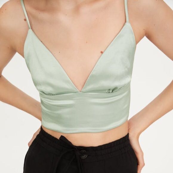 Zara Light Green Satin Top, Women's 