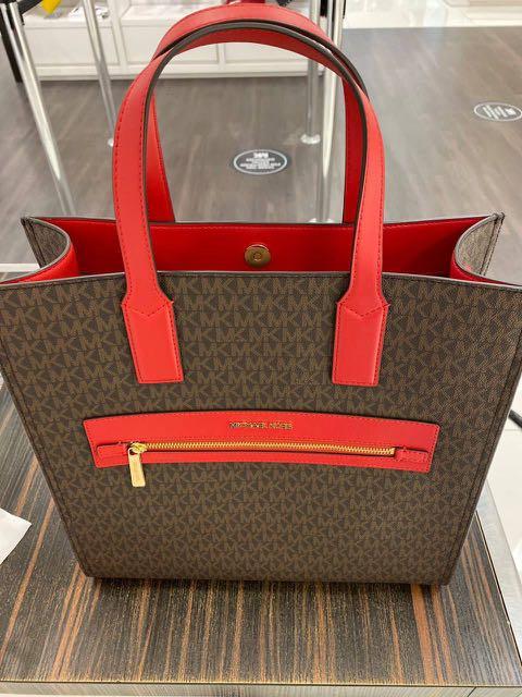 Michael kors kenly large ns tote crossbody brown mk signature flame red