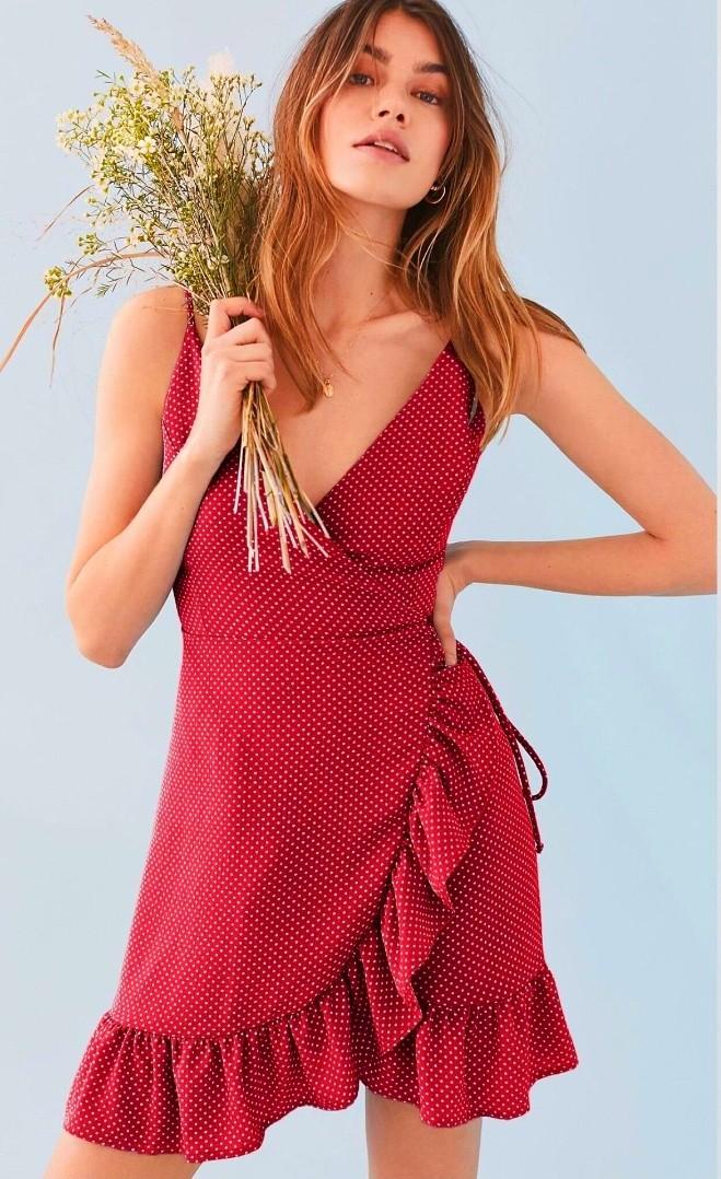 V neck Red Polka Dot Ruffle French Summer Beach Wrap Dress