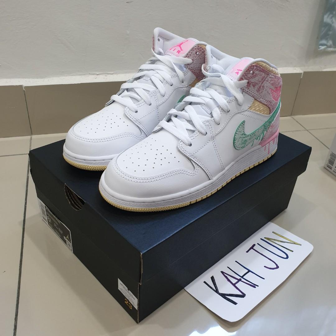 Air Jordan 1 Mid SE (GS) Paint Drip, Women's Fashion, Footwear