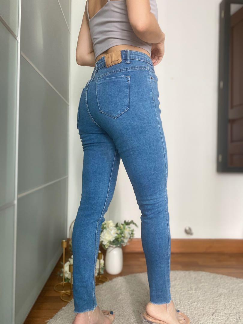 Denim Raw Hem Skinny Jeans High Waisted