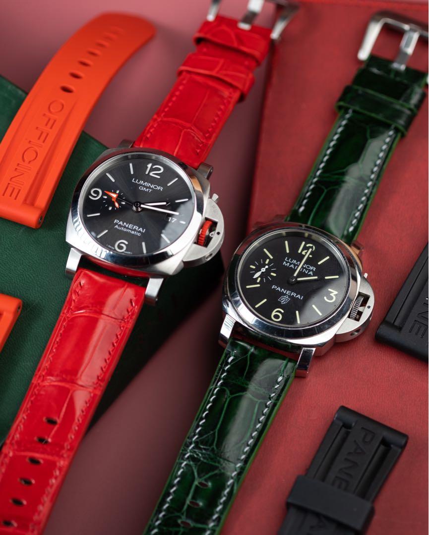 Handmade Handstitched Watch Strap In Ferrari Red Forest Green Crocodile Leather For Client s Panerai Watch