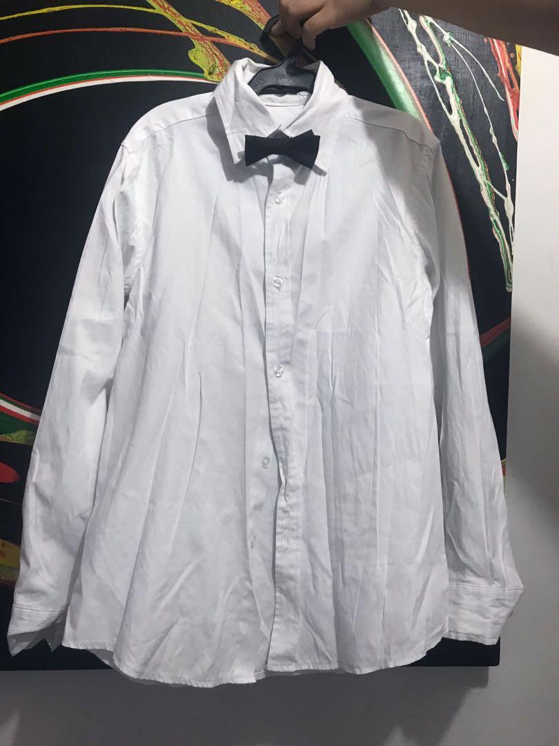 White long sleeve shop polo with bow tie
