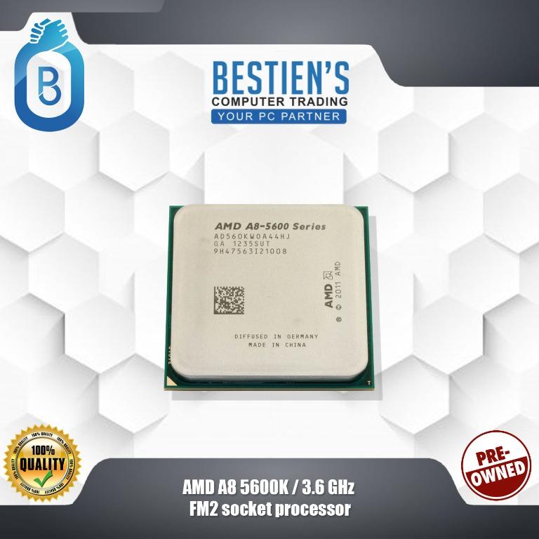 AMD A8 5600K / 3.6 GHz FM2 socket processor (Category: Computer Parts) located in Quezon City. Submitted by besteinpc (Listing ID 286331332, Image 1). Description: AMD A8 5600K / 3.6 GHz FM2 socket processor Number of Cores Quad-Core Processor Number A8-5600K Compatible Processor Socket Socket FM2 Clock Speed 3.6 GHz Max Turbo Speed 3.9 GHz Thermal Design Power 100 W Type / Form Factor AMD A8 5600K Cache Memory Details L2 - 4 MB - 4 x 1 MB Type A