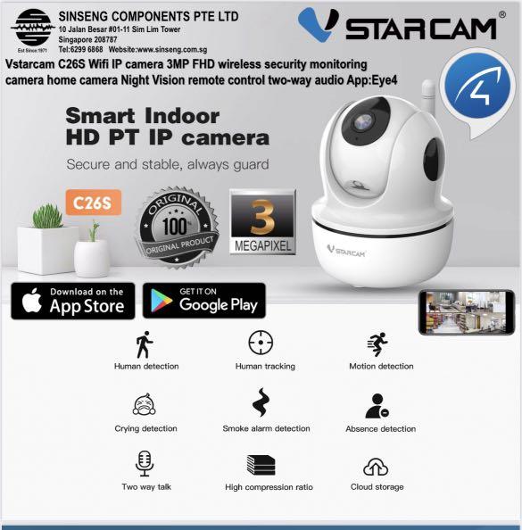 3mp C26s Vstarcam Upgraded Version Wide Angle 3 Megapixel Night Vision 2 Way Audio Smart Ai Functions With Motion Detection Crying Detection Human Tracking Smoke Alarm Sensor Cloud Storage Pc Mobile App Eye4 Sg Authorised Vstarcam Distributor