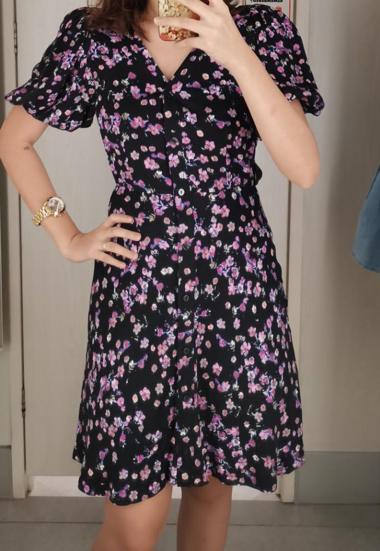 new H M purple floral puff dress Button down Women s Fashion