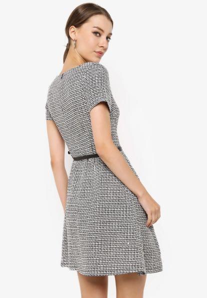 ZALORA Tweed Mini Dress (Category: Dresses) located in Quezon City. Submitted by biancaadj (Listing ID 1076039663, Image 2). Description: Pre-loved Zalora Tweed Mini Dress **Belt not included Size: Small Color: Black/White Material: Polyester .