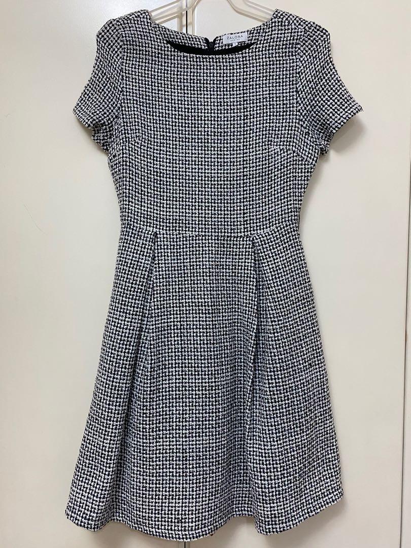 ZALORA Tweed Mini Dress (Category: Dresses) located in Quezon City. Submitted by biancaadj (Listing ID 1076039663, Image 3). Description: Pre-loved Zalora Tweed Mini Dress **Belt not included Size: Small Color: Black/White Material: Polyester .