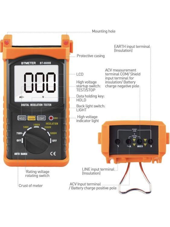 Digitale isolatieweerstandstester BTMETER Megohmmeter 200G Ohm 1999 tellingen, met automatisch bereik, 500V/1kV/2,5kV/5kV testspanning, data hold, display met achtergrondverlichting