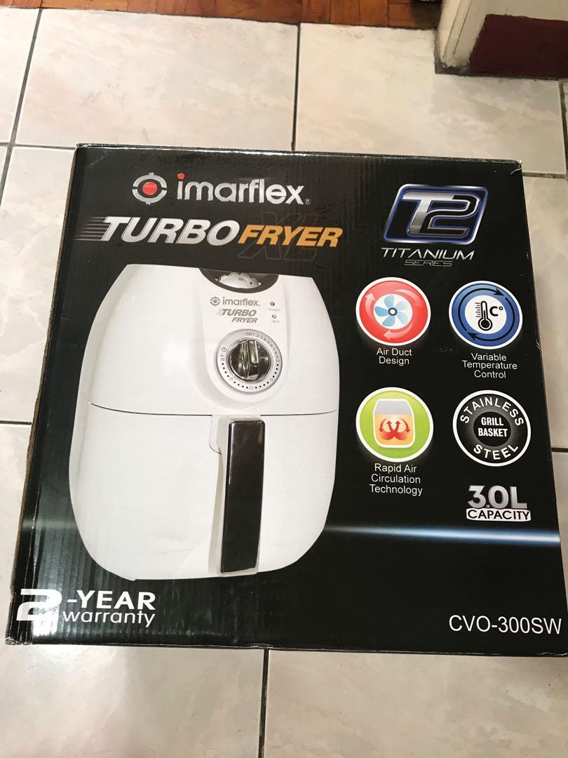IMARFLEX TURBO FRYER (Category: Cookware & Accessories) located in Pasay City. Submitted by kkalien (Listing ID 1076212262, Image 1). Description: ‼️IMARFLEX TURBO FRYER 3L‼️ 🌟BRAND NEW🌟 Good for frying, roasting, baking, and grilling. 🍟🍗 Product details: Air Duct Design Variable Temperature Control Rapid Air Circulation Technology Stainless Steel Grill Basket Cool Touch Body 3.0 Liter Capacity Oil-Free Cooking Non-stick Cavity 1450 Watts Shi