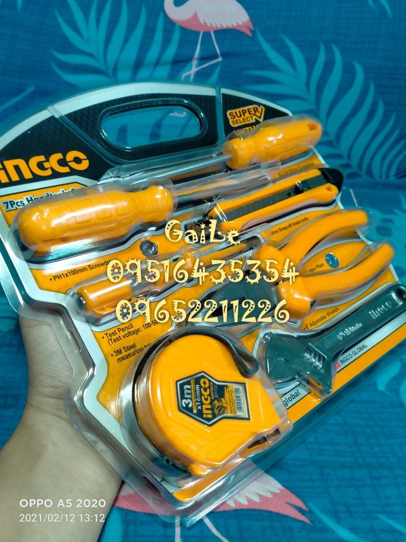 INGCO 7pcs. Hand Tools Set (Category: Construction Tools & Equipment) located in Caloocan City. Submitted by abieghail (Listing ID 1076169976, Image 3). Description: INGCO Hand Tools Set 7PCS/SET HKTH10807 P750 • 1 pc 7" combination pliers • 1 pc Test Pencil • 7 Test Voltage ： 100-500V AC • 1 pc 6" adjustable wrench • 1 pc 9mm snap-off blade knife • 1 pc SL5 5x100 screwdriver • 1 pc PH1x100 screwdriver • 1 pc 3M Steel measuring tape Contact us fo