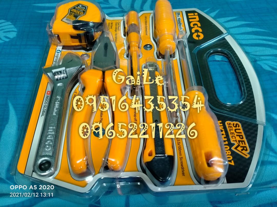 INGCO 7pcs. Hand Tools Set (Category: Construction Tools & Equipment) located in Caloocan City. Submitted by abieghail (Listing ID 1076169976, Image 2). Description: INGCO Hand Tools Set 7PCS/SET HKTH10807 P750 • 1 pc 7" combination pliers • 1 pc Test Pencil • 7 Test Voltage ： 100-500V AC • 1 pc 6" adjustable wrench • 1 pc 9mm snap-off blade knife • 1 pc SL5 5x100 screwdriver • 1 pc PH1x100 screwdriver • 1 pc 3M Steel measuring tape Contact us fo