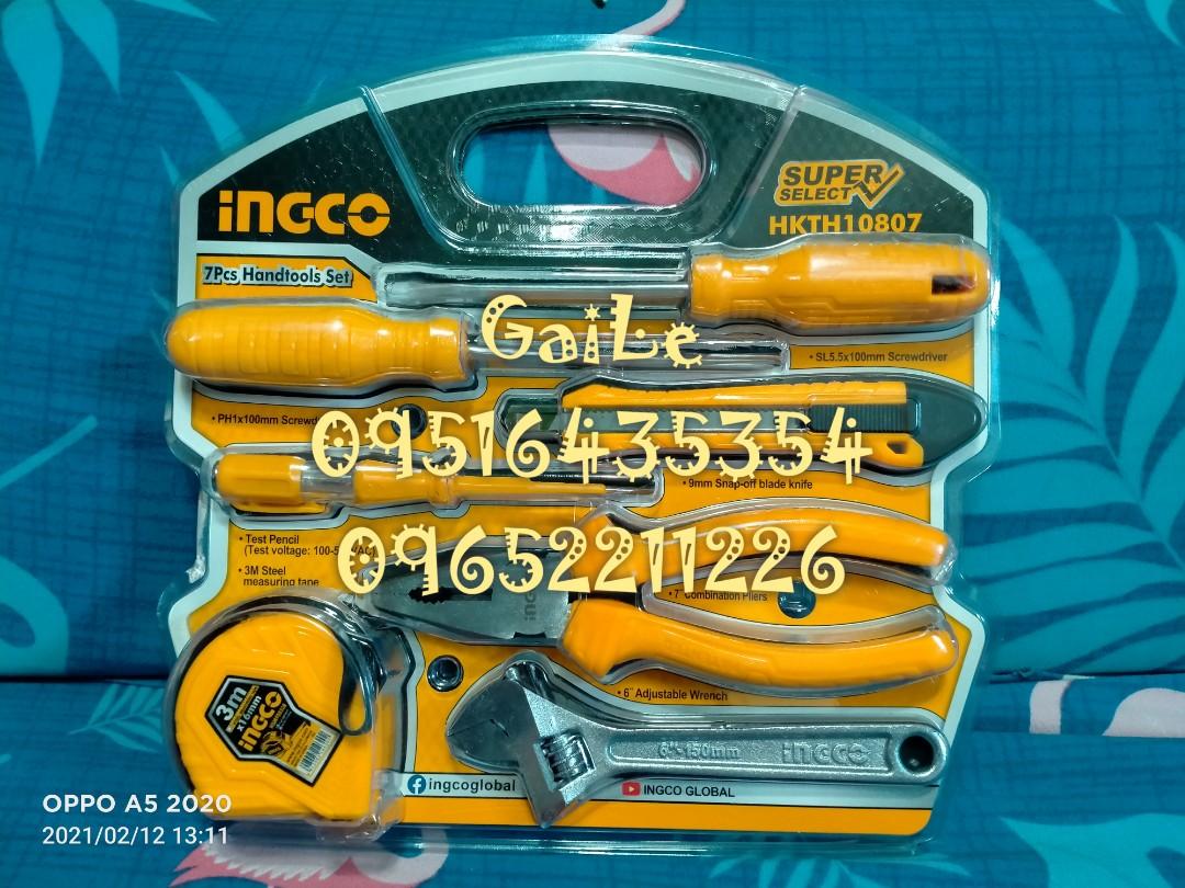 INGCO 7pcs. Hand Tools Set (Category: Construction Tools & Equipment) located in Caloocan City. Submitted by abieghail (Listing ID 1076169976, Image 1). Description: INGCO Hand Tools Set 7PCS/SET HKTH10807 P750 • 1 pc 7" combination pliers • 1 pc Test Pencil • 7 Test Voltage ： 100-500V AC • 1 pc 6" adjustable wrench • 1 pc 9mm snap-off blade knife • 1 pc SL5 5x100 screwdriver • 1 pc PH1x100 screwdriver • 1 pc 3M Steel measuring tape Contact us fo