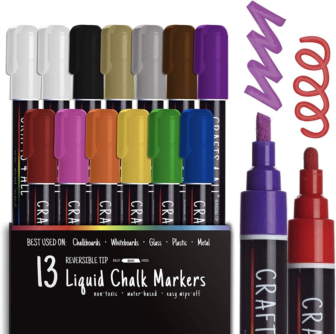 Liquid Chalk Markers for Blackboard Signs, Bistro Menu, Car Window Glass -  Dry Erase, Washable - 12 Colored Chalk Pens w/Reversible Tips & Tweezers -  Bonus White Chalkboard Marker!, 興趣及遊戲, 手作＆自家設計, 工藝用品及工具